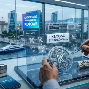 Ψηφιακή διαφανής οθόνη με τη σφραγίδα «Δ.Ο.Υ. ΚΕΦΟΔΕ ΘΕΣΣΑΛΟΝΙΚΗΣ» και διάγραμμα διαδικασιών