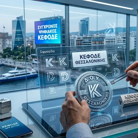 Ψηφιακή διαφανής οθόνη με τη σφραγίδα «Δ.Ο.Υ. ΚΕΦΟΔΕ ΘΕΣΣΑΛΟΝΙΚΗΣ» και διάγραμμα διαδικασιών