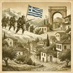 Έλληνες στρατιώτες με την ελληνική σημαία προελαύνουν σε χιονισμένα βουνά, με φόντο παραδοσιακό οικισμό και την Ακρόπολη